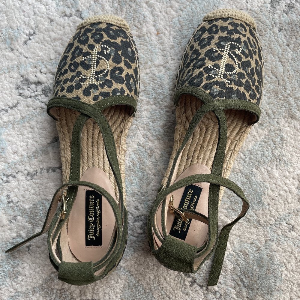 NEW 2016 Juicy Couture Lauralie Laceup Espadrille Flat Leopard Olive Size 7